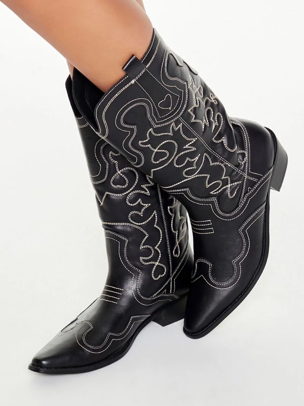 Women's Black Western Stitch-Detail Mid-Calf Boots